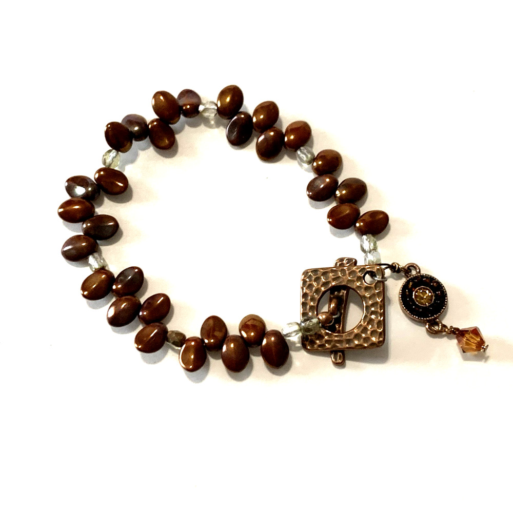 Y2K Bronze Brown Teardrop Bead Bracelet Copper Tone Toggle Charm 6.5"